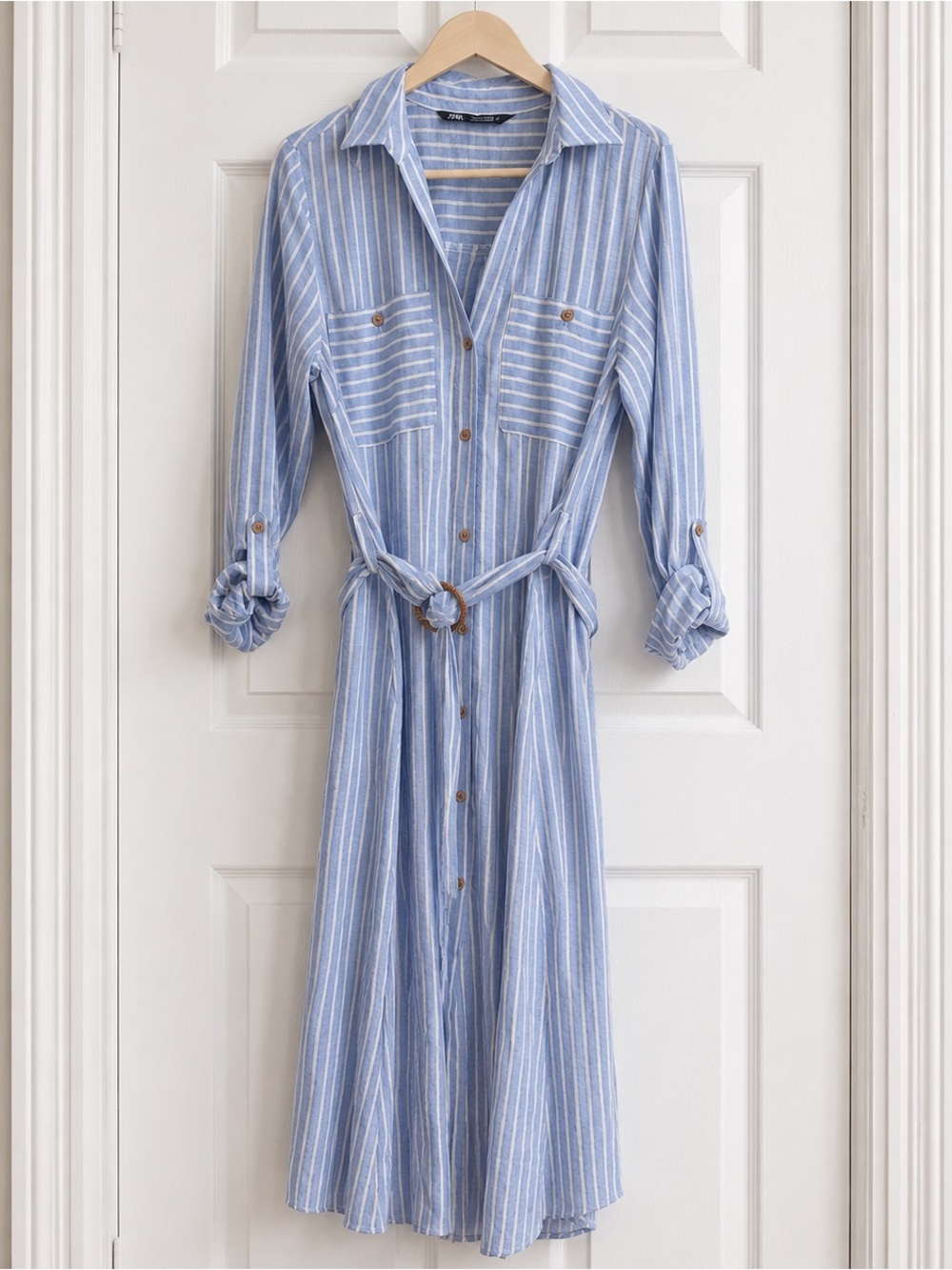 Zara Blue White Striped Linen Blend Shirt Dress Size S Belted Midi - Picture 3 of 12